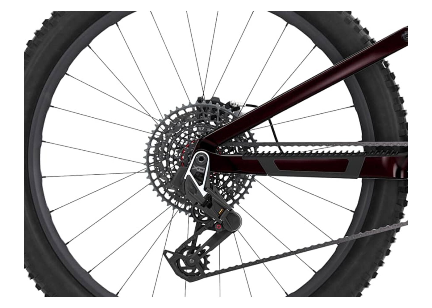 Detalhe do dropout traseiro da Trek Fuel EX, com o pivô concêntrico ao eixo destacado