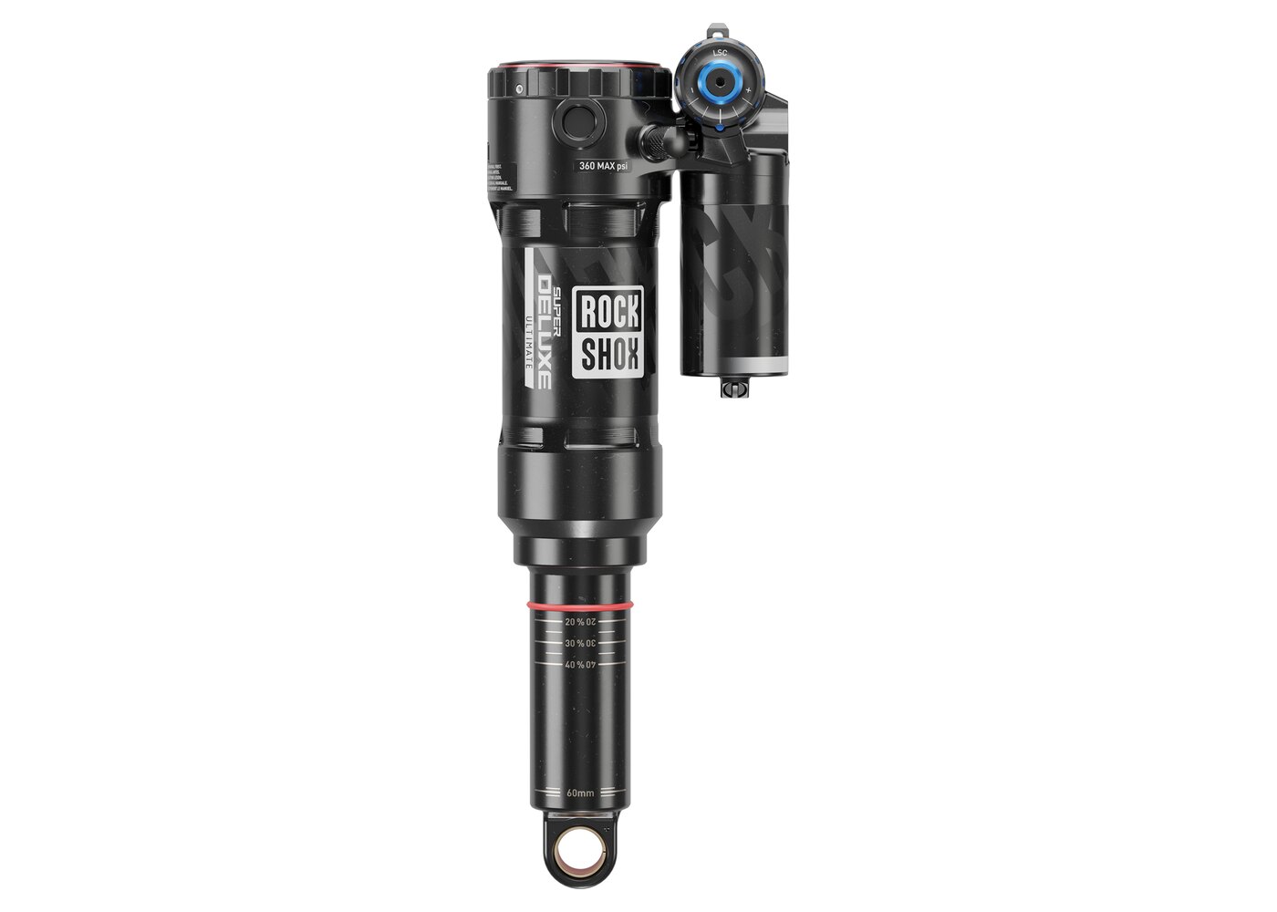 RockShox Super Deluxe em versão trunnion, com o topo do corpo plano e furos laterais