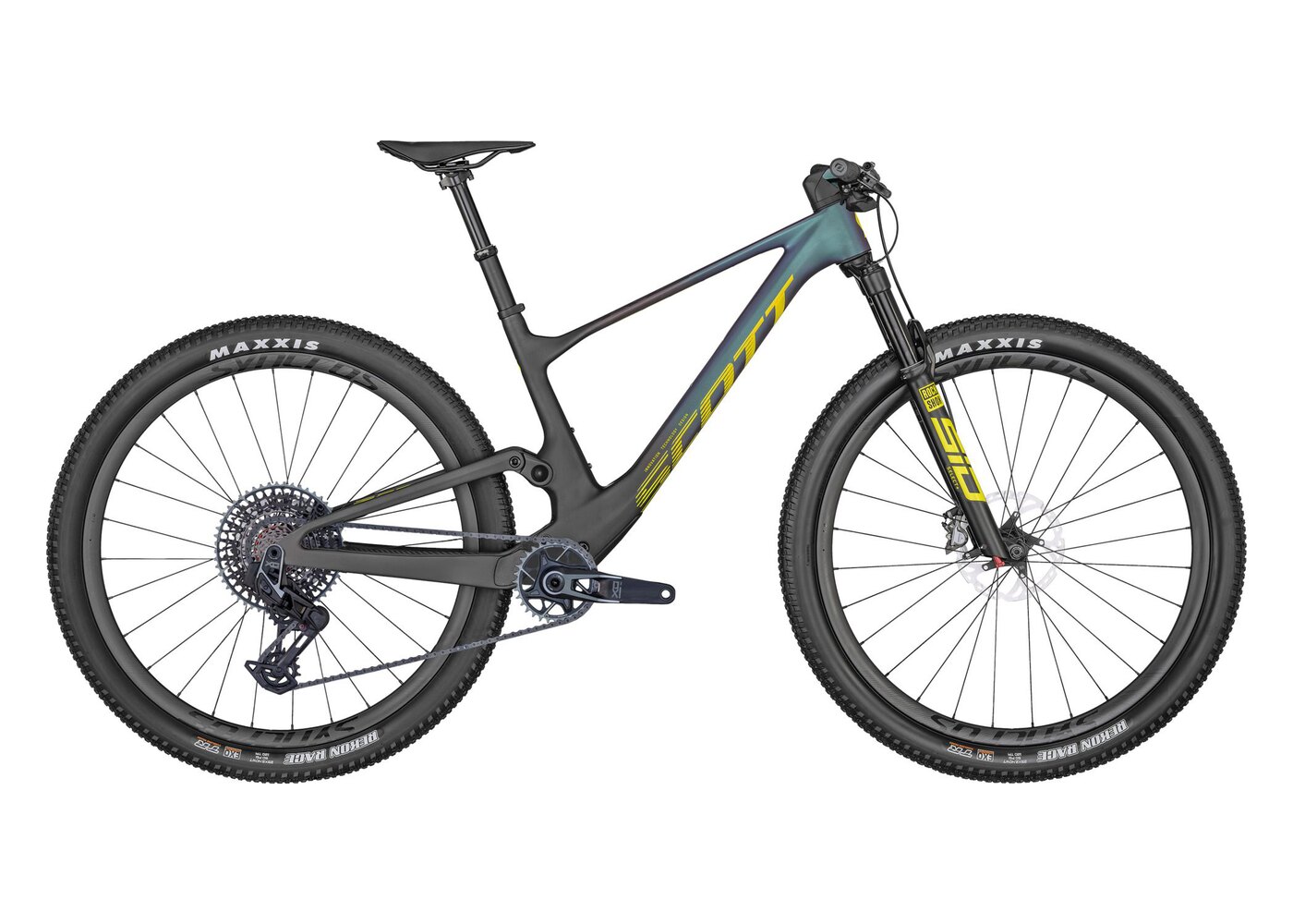 Scott Spark RC World Cup 2024 de perfil, com a base do seat tube destacada, onde o amortecedor fica escondido