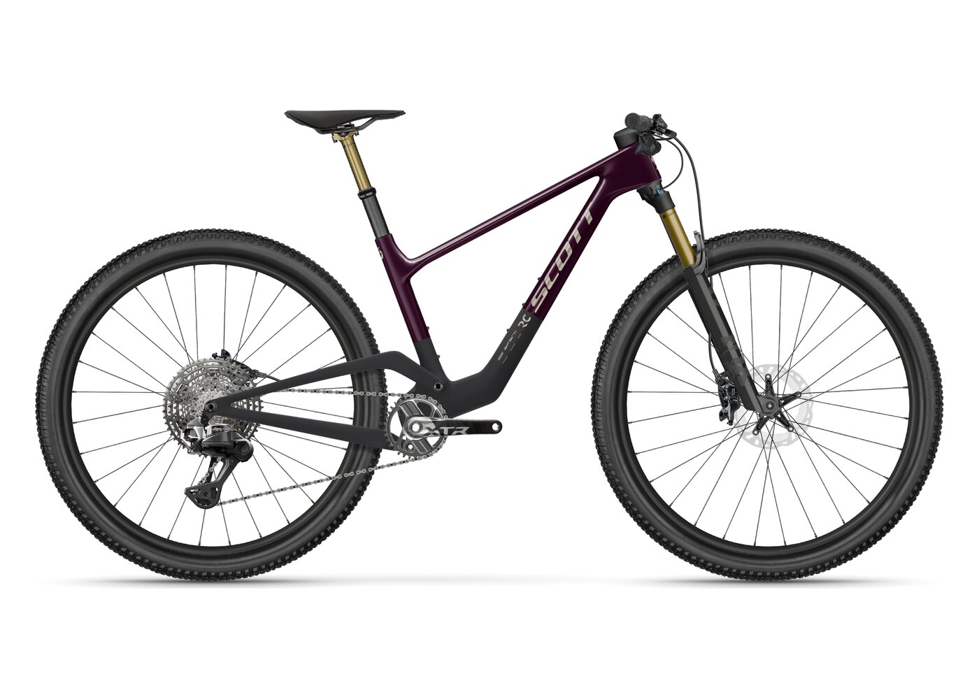 Scott Spark RC 2027 de perfil, com a região do down tube onde o amortecedor fica escondido destacada