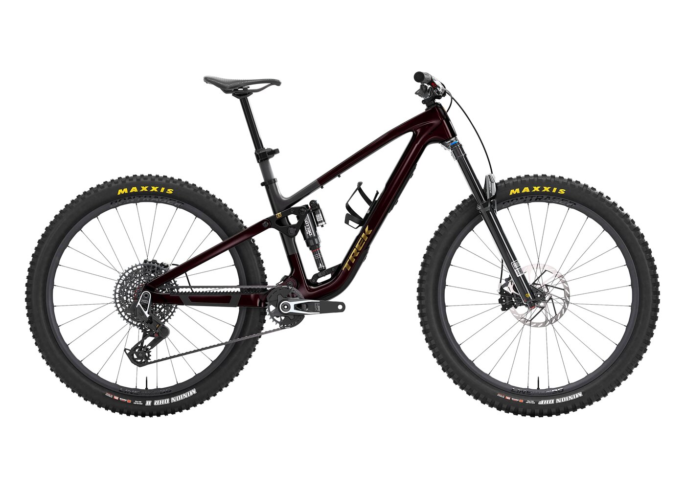 Trek Fuel EX Gen 7 de perfil, com o amortecedor vertical junto ao seat tube destacado